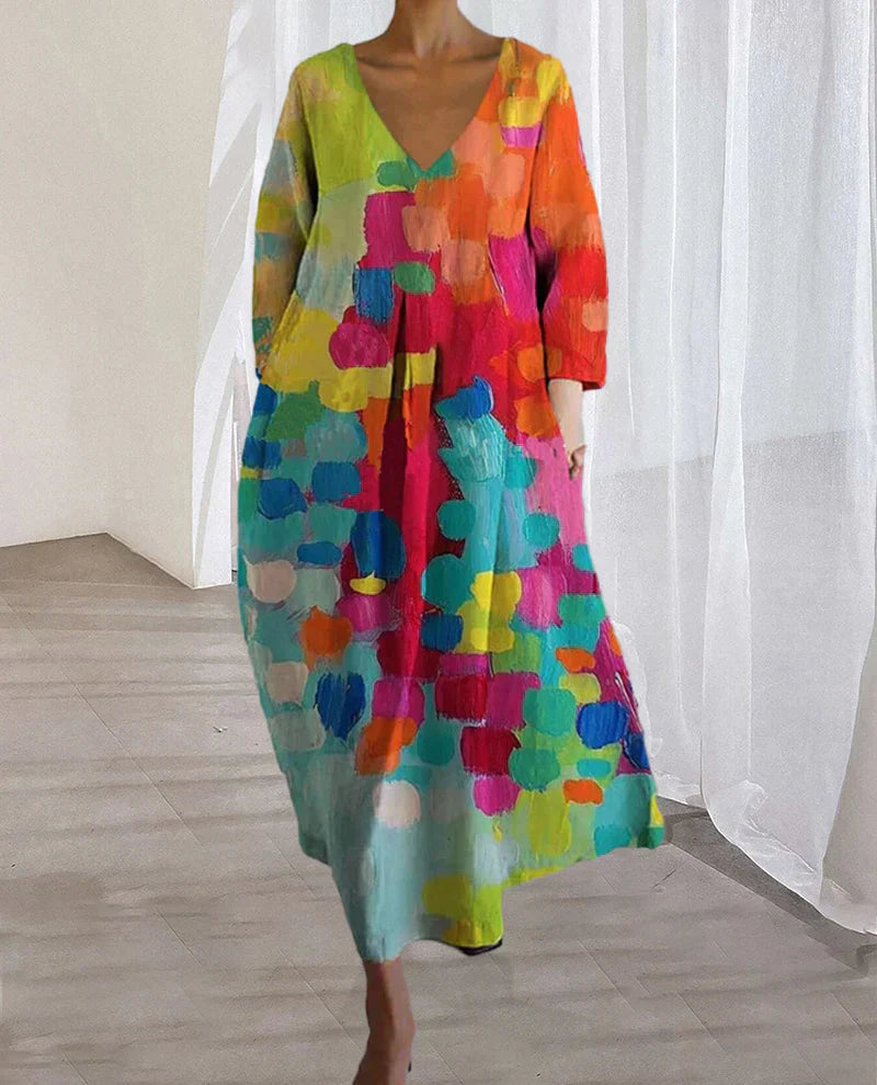 Anastasia - Bunt bedrucktes Kleid mit V-Ausschnit
