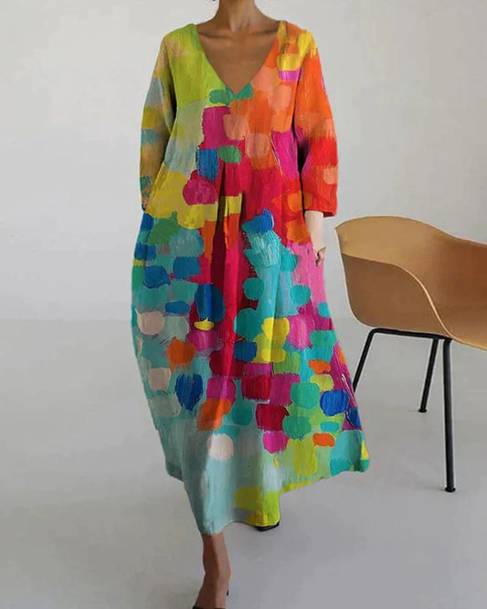 Anastasia - Bunt bedrucktes Kleid mit V-Ausschnit